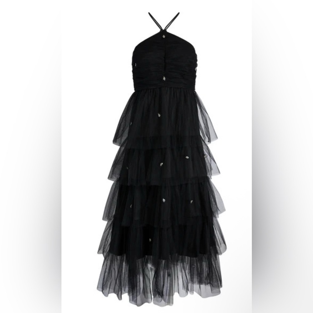 Likely Women Black Shane Tiered Tulle Halter Neck Maxi Dress Size 0